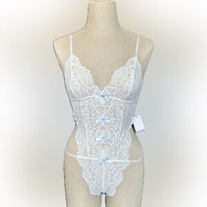 In Bloom White Lace Bodysuit with Blue Bow Accents - Perfect for the Bride